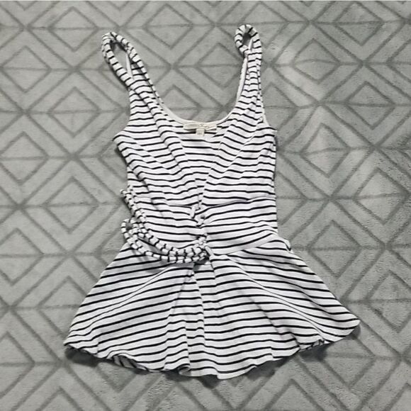 Express Black & White Striped Ribbed Two-Tone Fit & Flare Tie Waist Tank Top - Picture 1 of 4